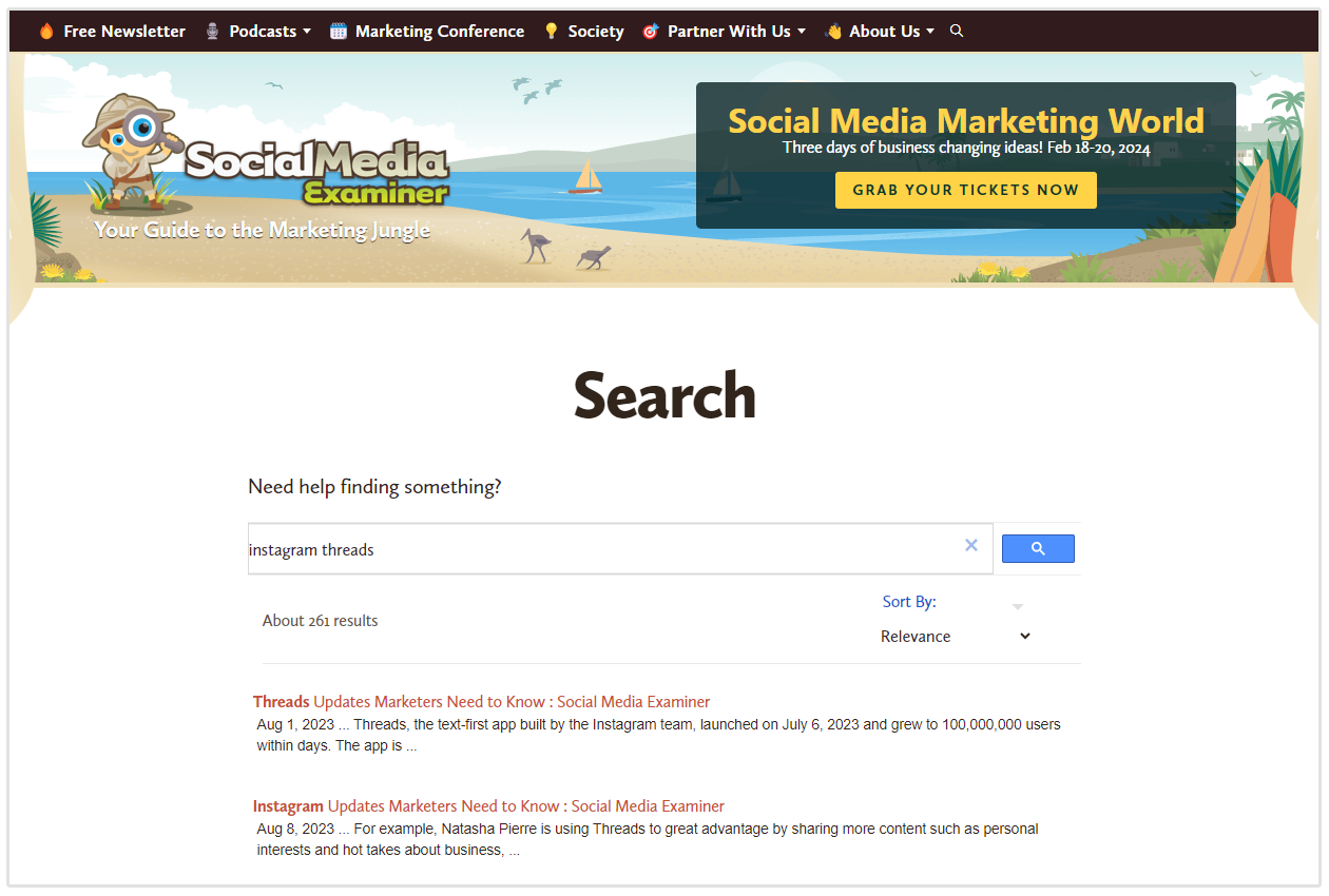 ソーシャルメディアエグザミナーの内部サイト検索